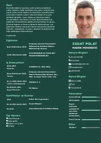 Maden Mühendisi Cv Örnekleri cv indir